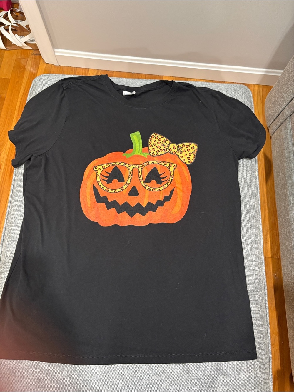 Black  Halloween Pumpkin Tee with Leopard Bow